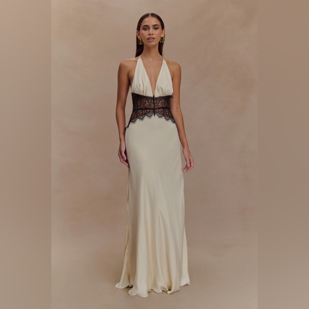 Meshki Dinah Black Lace and White Satin Maxi Dress